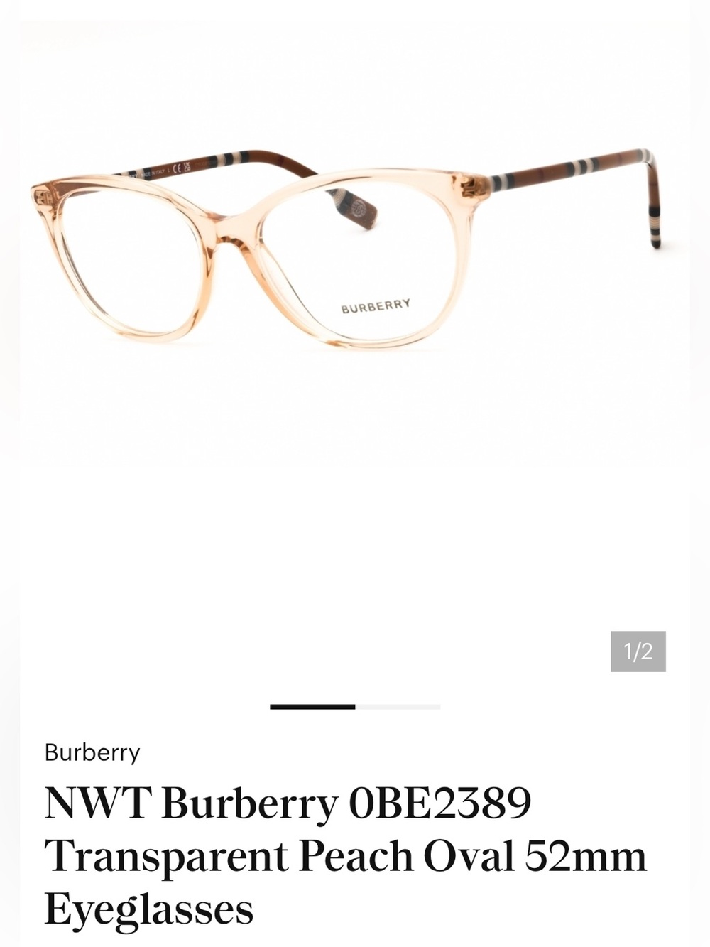 Burberry Transparent Peach Cat-Eye Glasses with Brown Arms-lenses not included